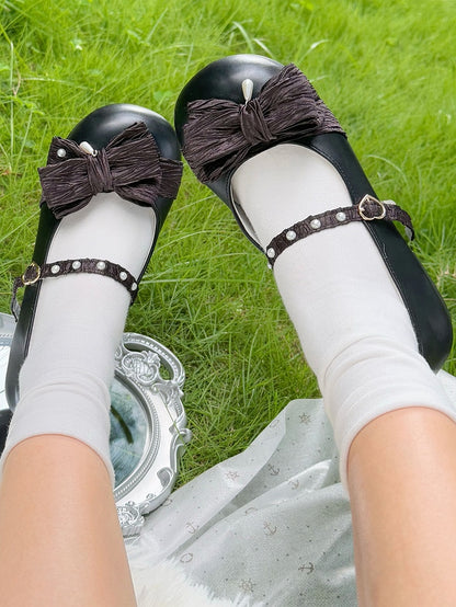 Black Shoes Heart Top Decorated Toe Bow at Round Matte Buckle Lolita Beaded