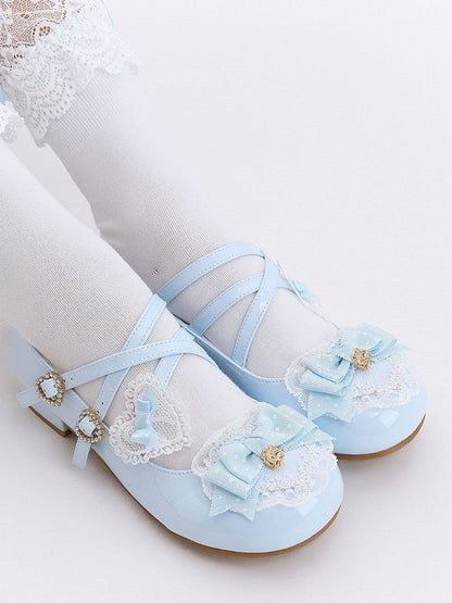 Blue Heels Lolita Low Fastener with Rhinestone Heart Sweet