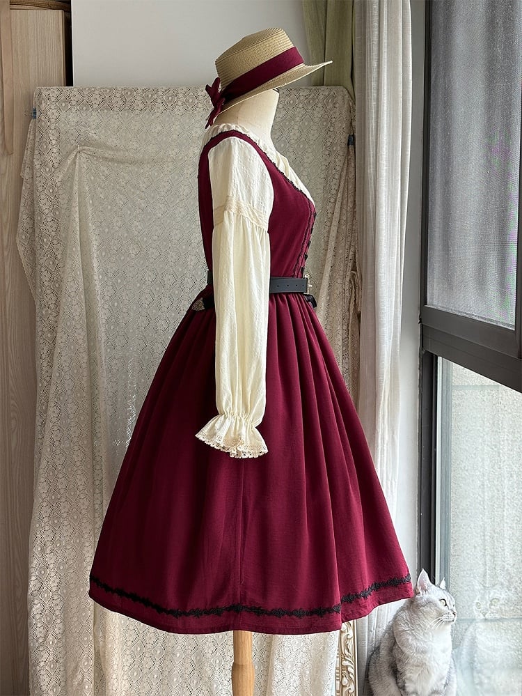 Red & Beige Round Neck Long-sleeved Elegant Classic Lolita Dress with Lace-Up Front