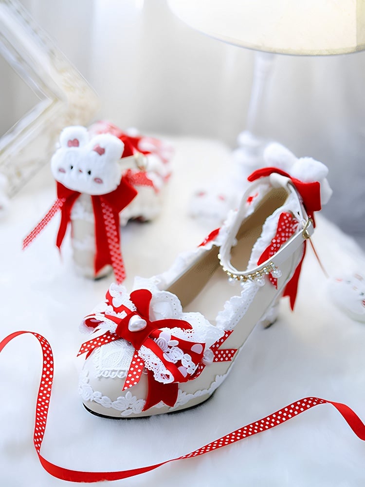 Heels Plush Shoes Sweet Lolita Bow 8CM Bunny Block Top Decorated Red at