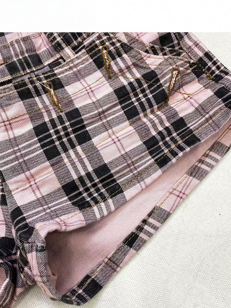 Karierte Bittersüße Shorts Denim SchwarzPink Muster Y2K