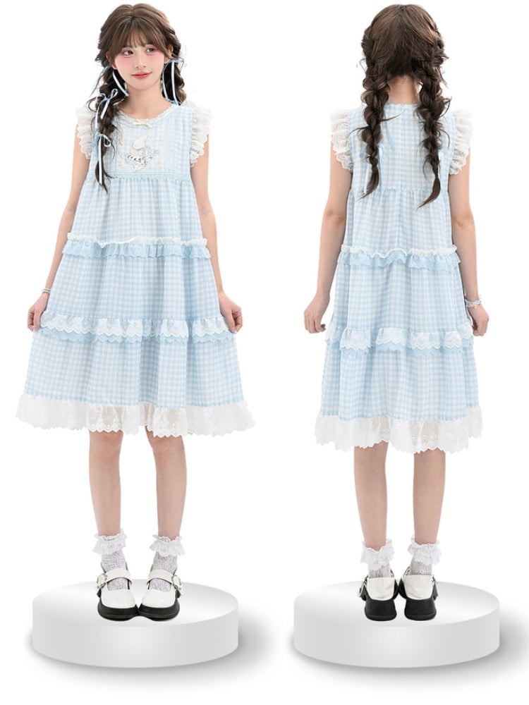 Sleeveless Dress Blue Plaid Tiered Flutter Bunny Embroidery Lace Sleeves Skirt Trim