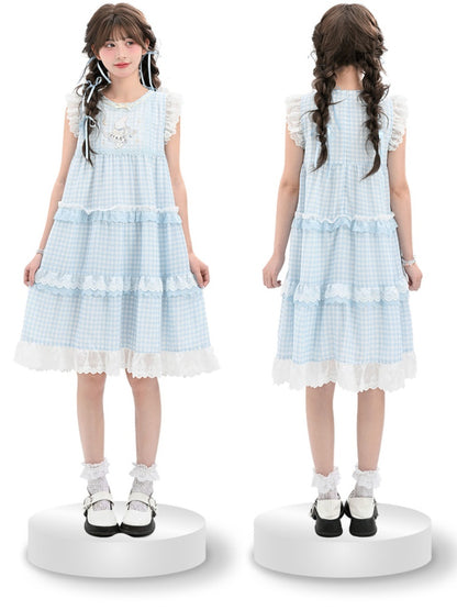 Sleeveless Dress Blue Plaid Tiered Flutter Bunny Embroidery Lace Sleeves Skirt Trim