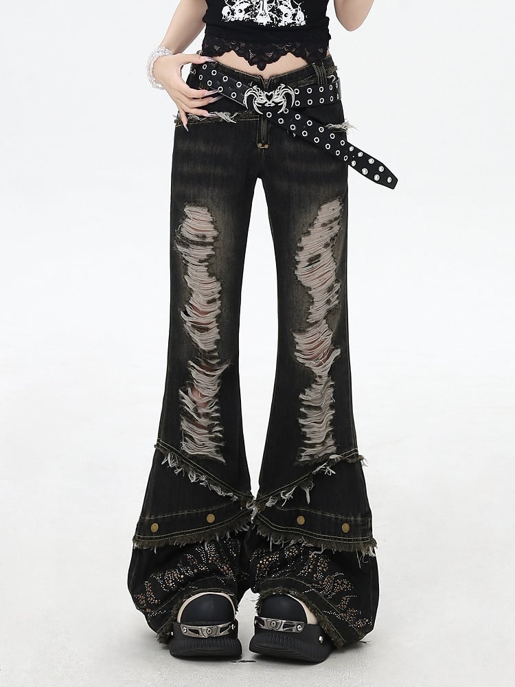 Details Y2K Black Distressed Holes Raw Cuffs Flared Jeans Rhinestone Hem