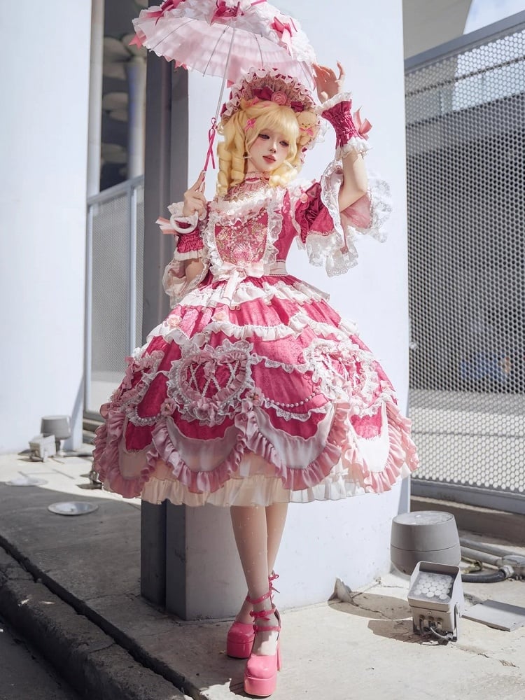 Hanayome Details Bead Embroidery Chain and Rosette Dress Rose Floral Lolita Pink
