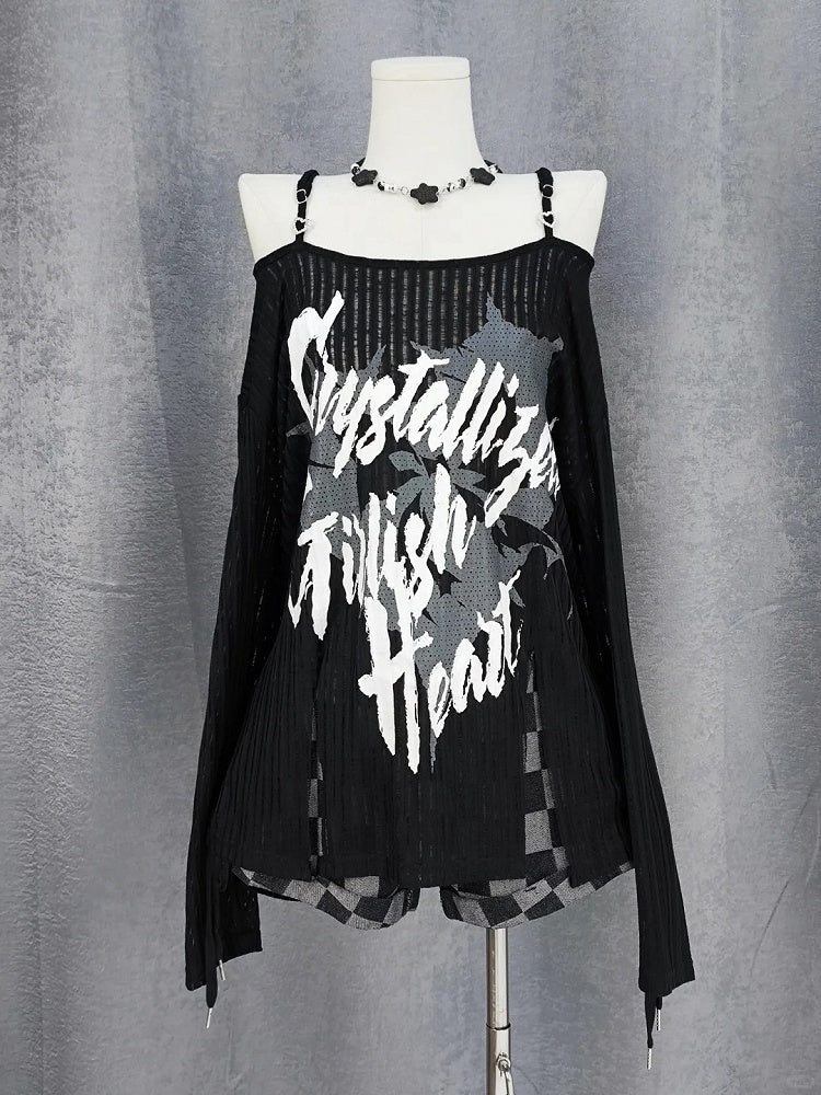 Y2K Schlitz Schwarz/Weiß Off-the-Shoulder Grafik Saum Ausschnitt Coverup