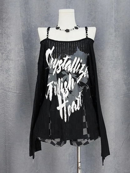 Y2K Schlitz Schwarz/Weiß Off-the-Shoulder Grafik Saum Ausschnitt Coverup