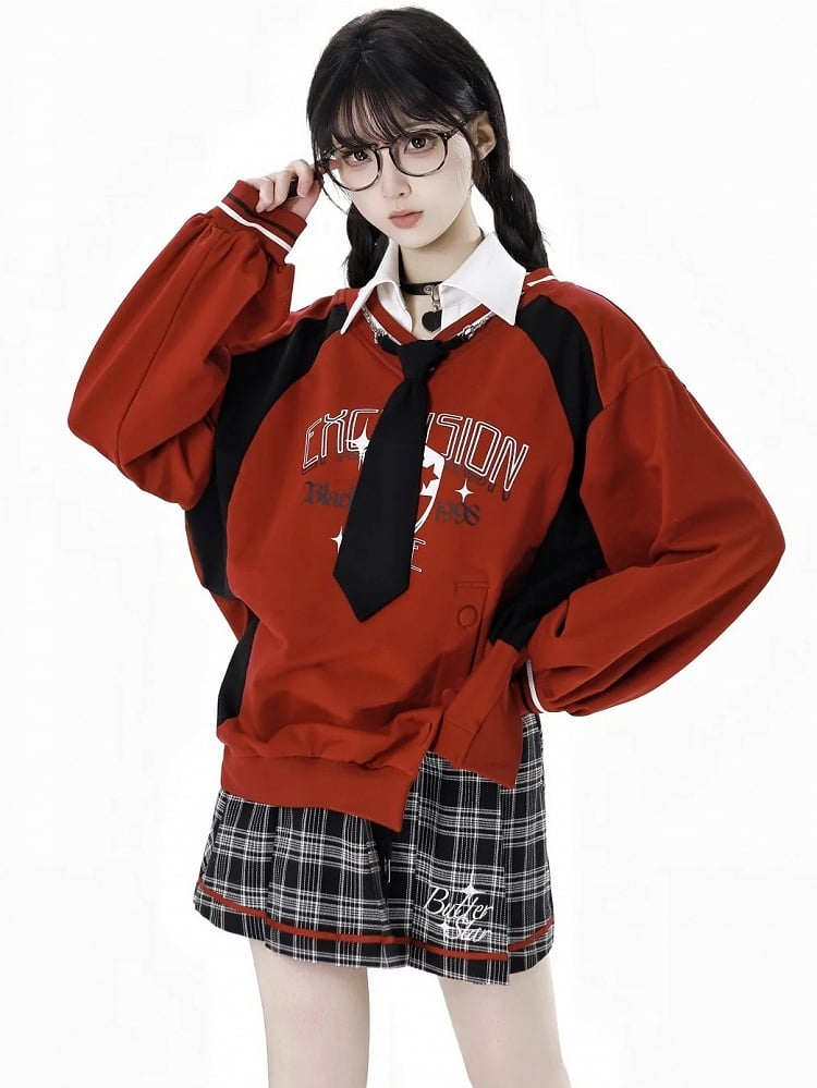 Rotes Sweatshirt im Preppy-Stil mit seitlichem Schlitz und Hemdkragen und gratis Krawatte