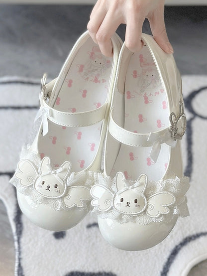 Applique Accents Low/Mid Wing Heels Sweet White - Lolita Toe Round Rabbit