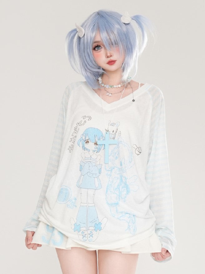 And Light Long Thin V-neck Blue/Pink Girl Top With Cartoon Sleeves Print Patterns Striped