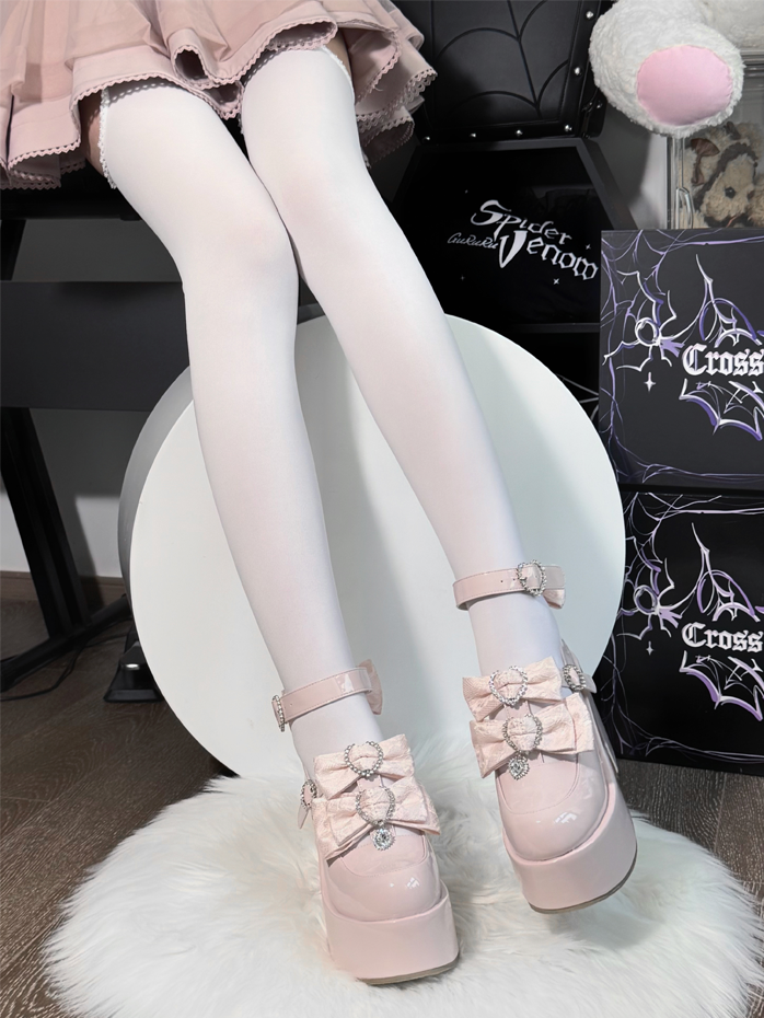 Double Jacquard Lace Bow & Ornate Rhinestones Mary Janes - Jirai Kei Pink Polished PU Platform Heel