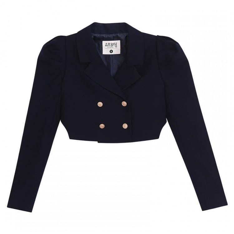 ネイビーブルーのノッチカラー、ゴールドトーンボタンのJKクロップドブレザー