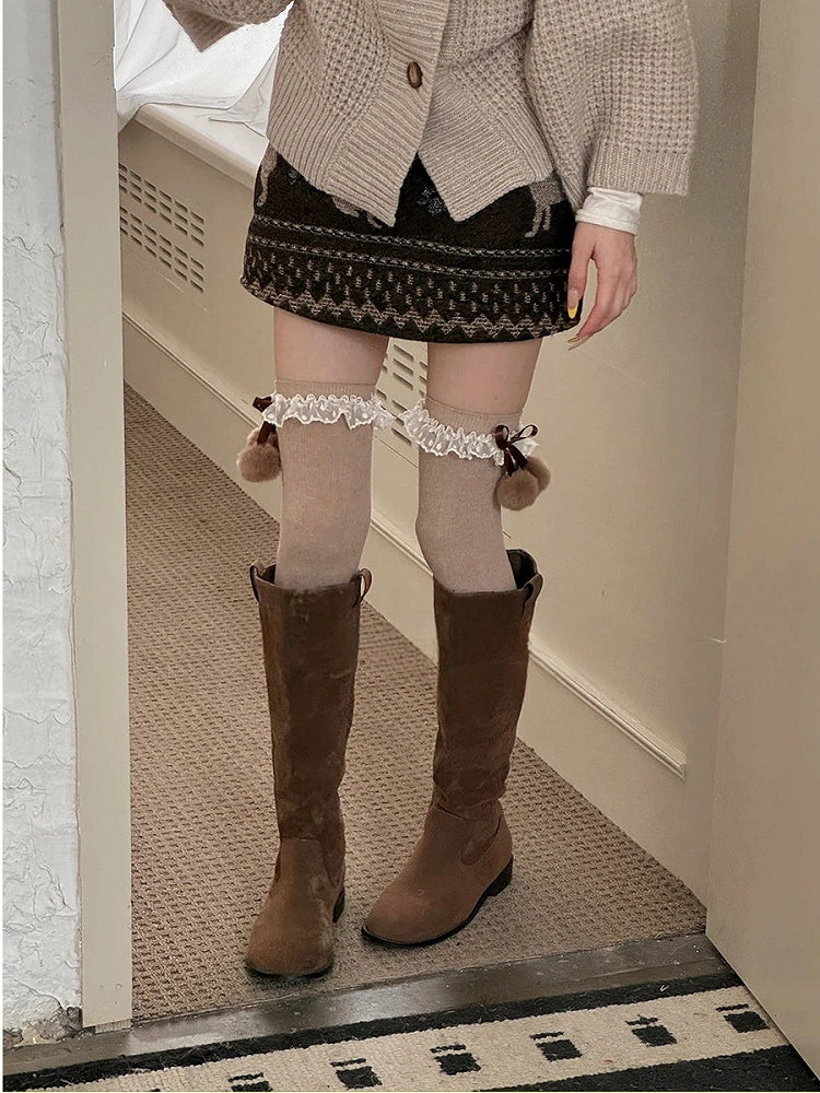 Ribbed with Lace Cuffs Stockings Over-the-Knee Pom-Pom