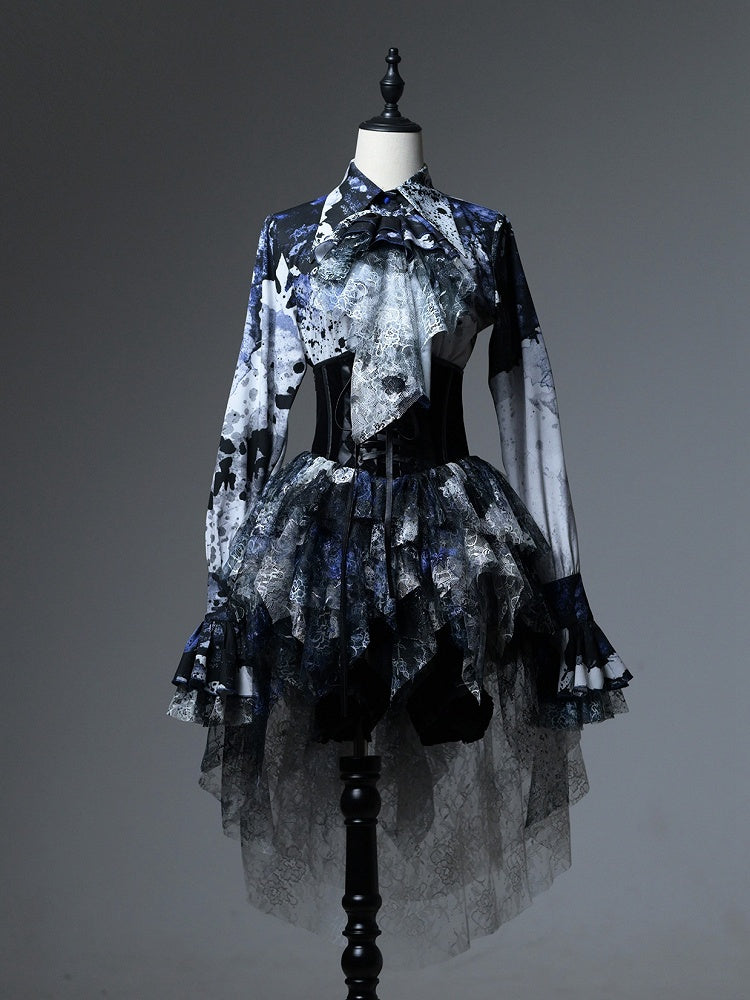 Lolita Bloodstain with Print Train Blue Boned Corset Black Lace Gothic Belt