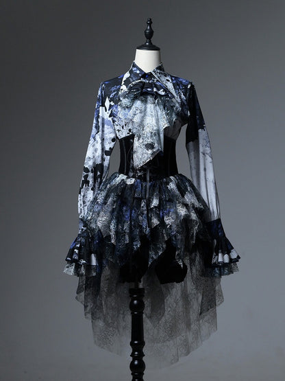 Lolita Bloodstain with Print Train Blue Boned Corset Black Lace Gothic Belt