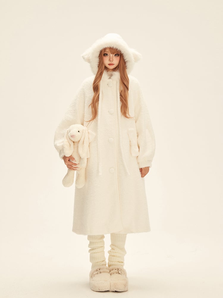 Bow-Accented Hood White Coat with Cat Pockets Mid-Length Ear