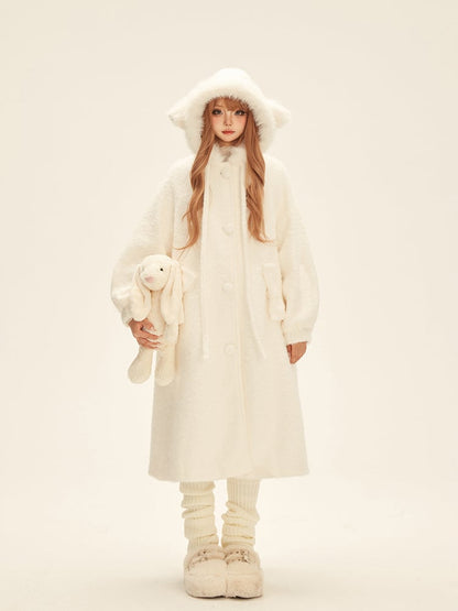 Bow-Accented Hood White Coat with Cat Pockets Mid-Length Ear