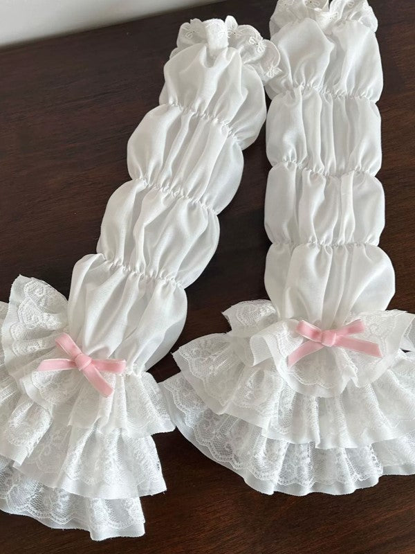 Lace Hollow-out Cuffs White Bowknot Gray/Pink/Black Sleeves Tiered Lolita With Details