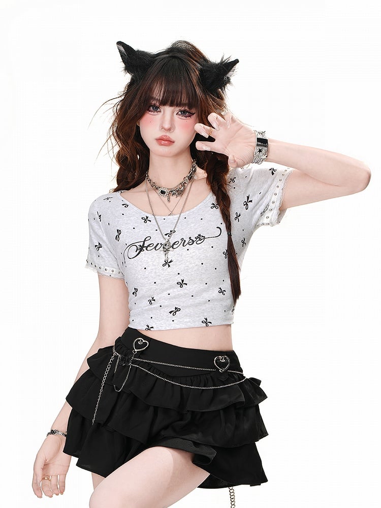 Pink/Gray Round Neck Bowknot Print Glamorous Cropped T-Shirt