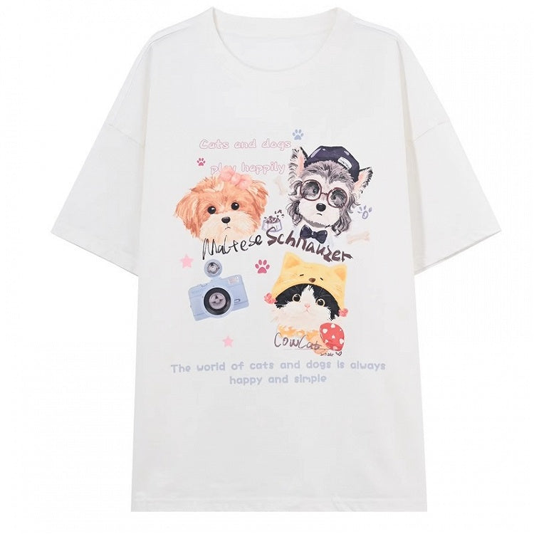 ホワイト/ブラック/ダークブルー ラウンドネック 子犬と子猫プリント ルーズTシャツ