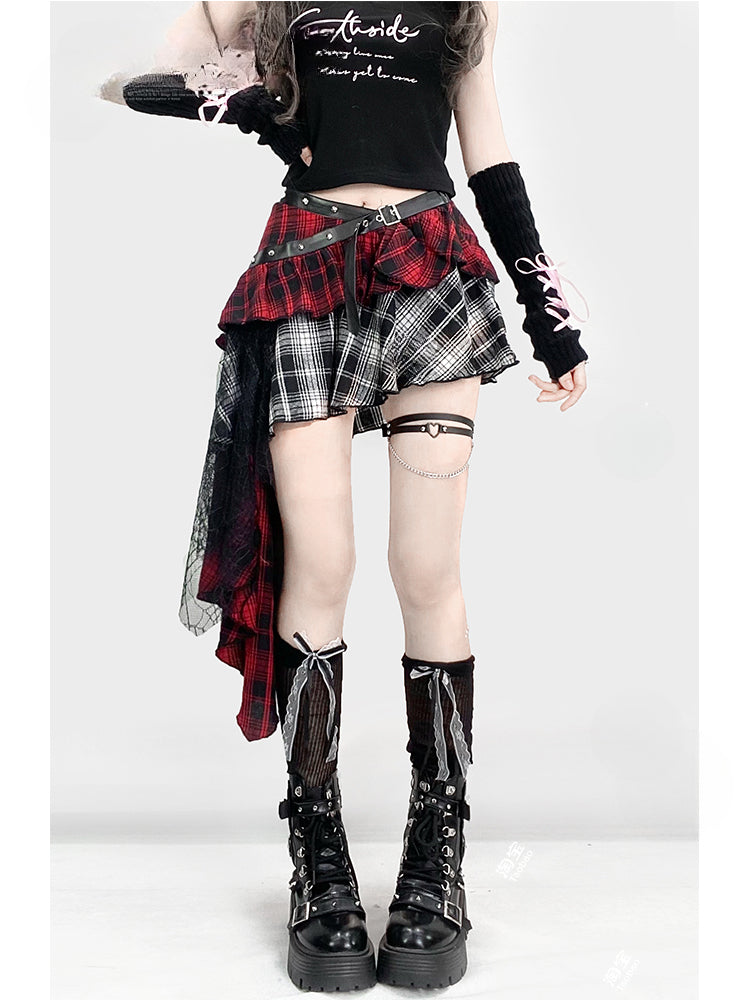 Y2K Red Plaid Asymmetrical Hem Tiered Punk Glamorous Skirt