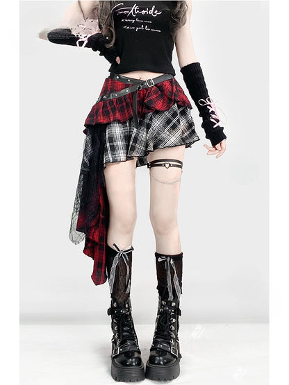 Y2K Red Plaid Asymmetrical Hem Tiered Punk Glamorous Skirt