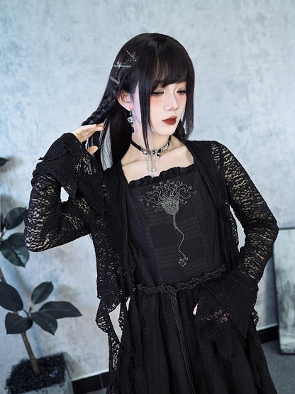 Black Hollow Lace Cardigan Asymmetrical Cut