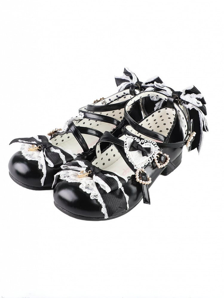Riemen 2CM/5CM Schwarze Absätze Bowknot Herz Crisscross Schuhe Design Schnalle Süße Details Block Lolita