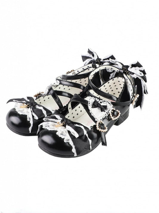 Riemen 2CM/5CM Schwarze Absätze Bowknot Herz Crisscross Schuhe Design Schnalle Süße Details Block Lolita