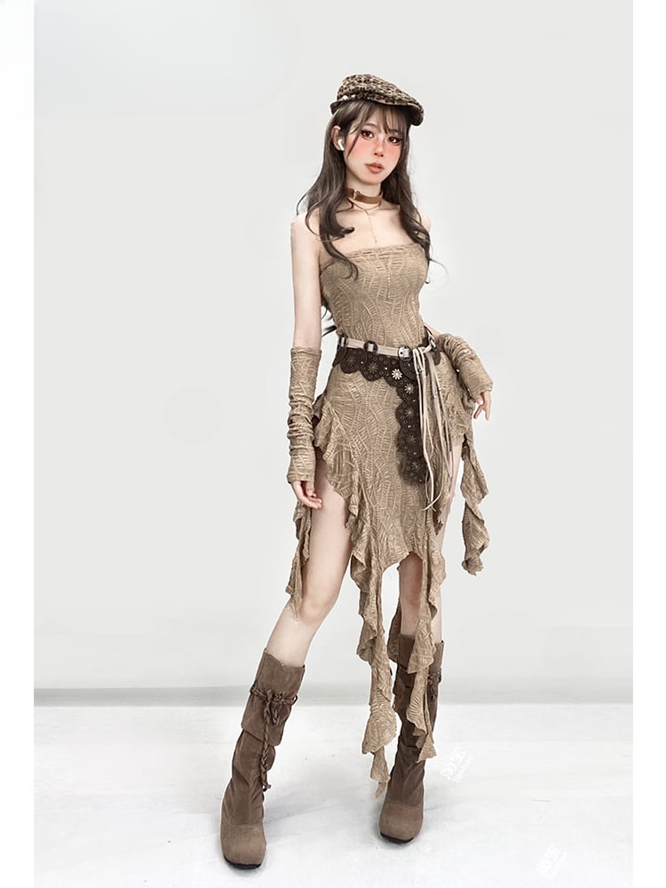 Millard Fashion Light Brown Wasteland Punk Asymmetrical Flounce Hem Strapless Dress