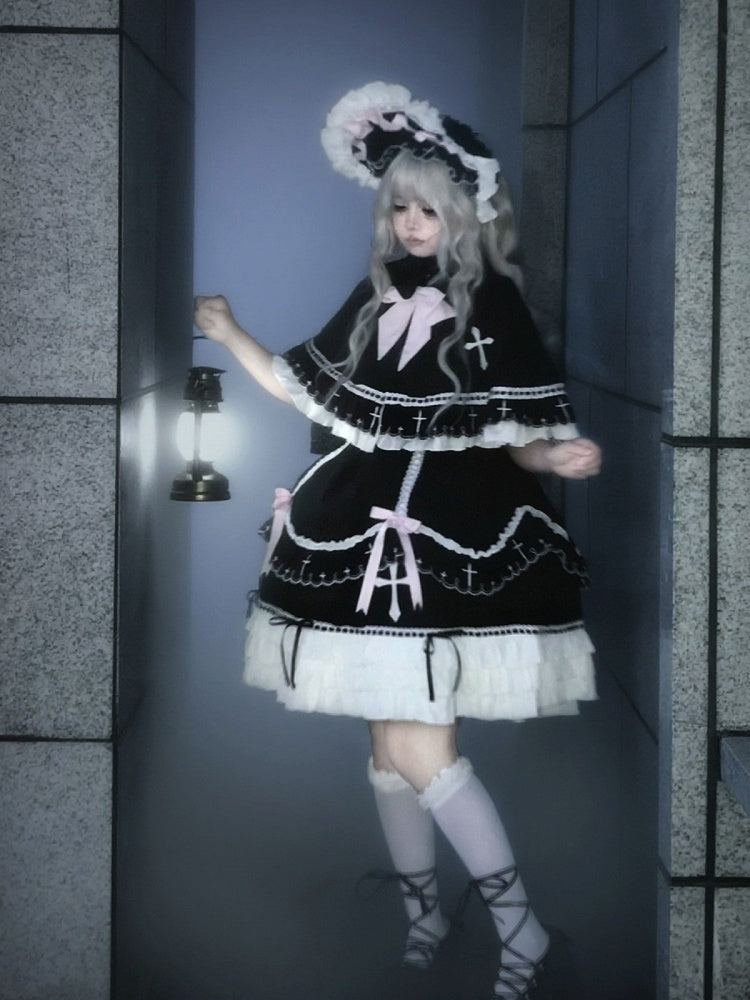 Short Sleeve Peter Pan Collar Lolita OP with Cross & Bow Accents in Black & Pink - MUYU