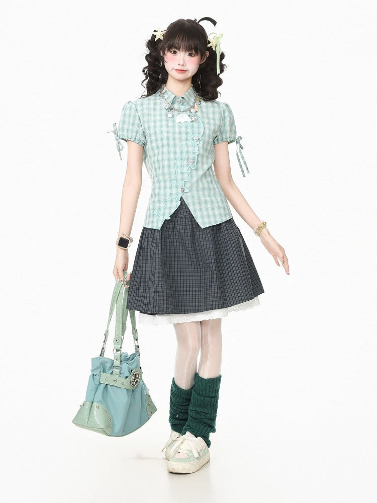 Green Plaid Short Sleeve Shirt with Kitty Embroidery - Languid Park