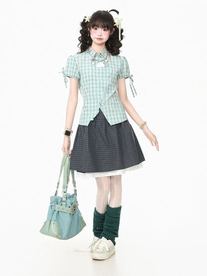 Green Plaid Short Sleeve Shirt with Kitty Embroidery - Languid Park
