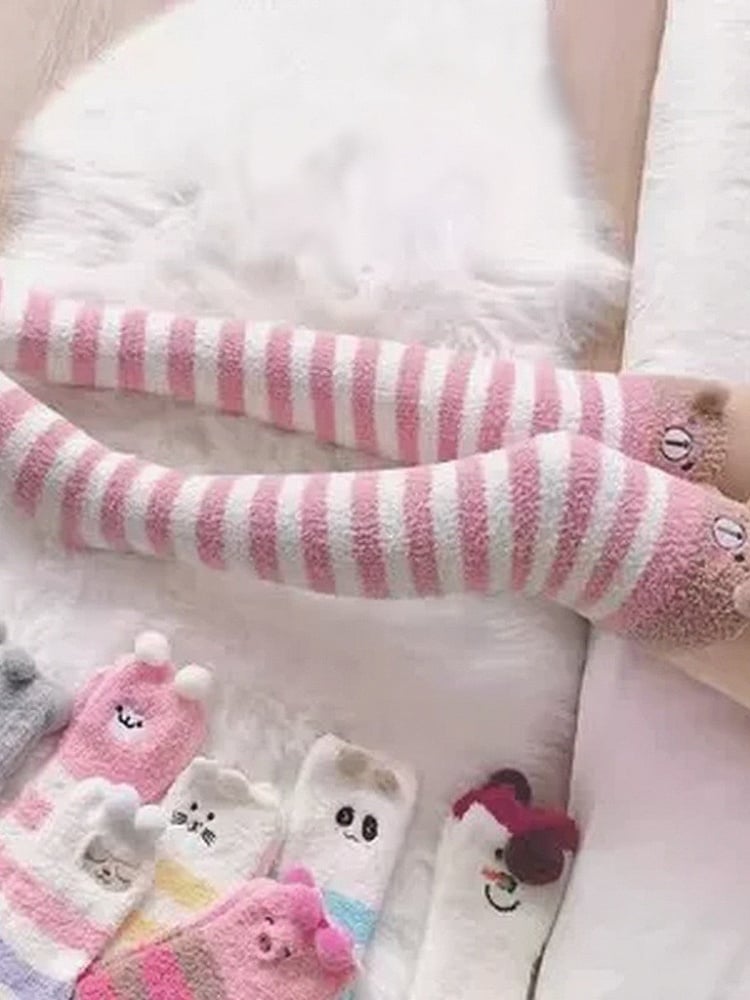 Stockings Bear Thigh-High Striped Khaki