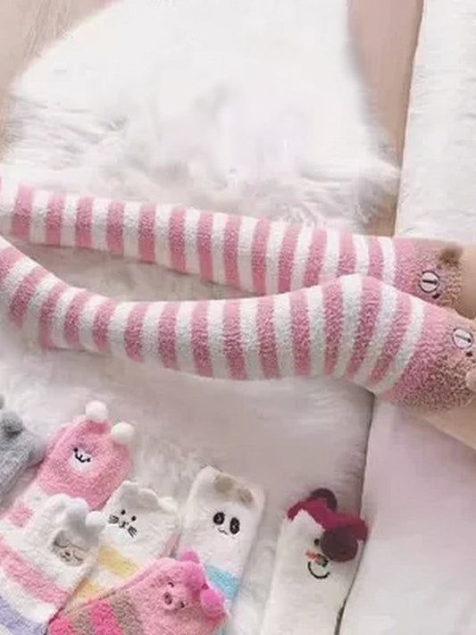 Stockings Bear Thigh-High Striped Khaki