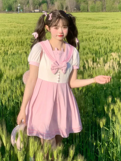 Pleat Bowknot Ears Bunny Collar Sailor Dress Pink Cute and White Box Skirt