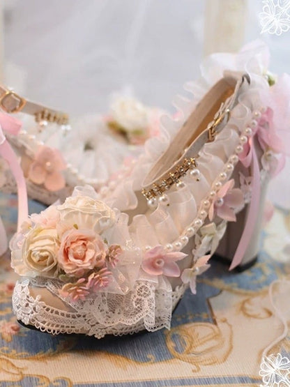 Elegant Lolita Pink Pearl Chain High Heels with Rose Lace - Mirror Lolita