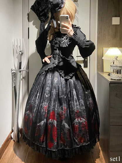 Black Angel Ruffled Pleat Box Gothic Skirt Red and Blouse Set Printed