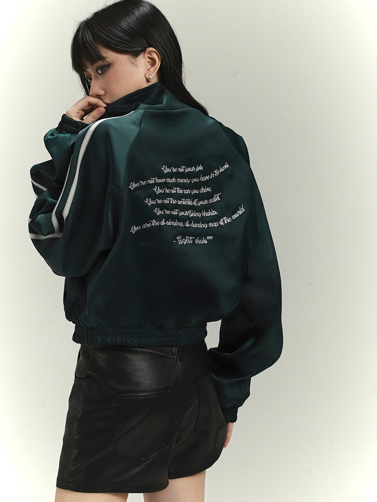 Dark Green Letter Embroidery Acubi Fashion Vintage Baseball Jacket