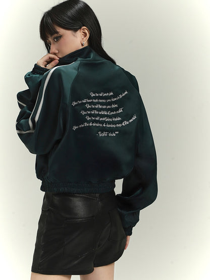 Dark Green Letter Embroidery Acubi Fashion Vintage Baseball Jacket
