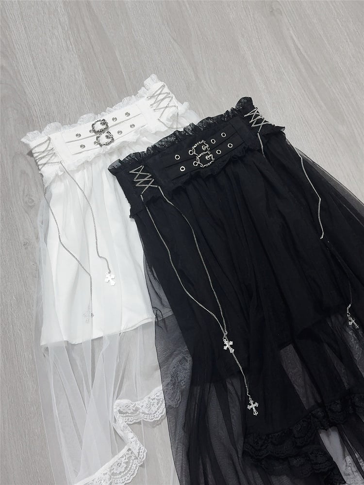 Double Kei Skirt Detachable Cross and Black with Buckles Chain Overlay Jirai Tulle