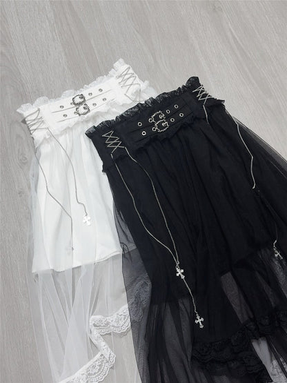 Double Kei Skirt Detachable Cross and Black with Buckles Chain Overlay Jirai Tulle