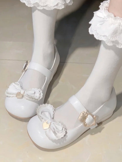 Cake White Buckle Heart Sweet Low-Heel Janes Lolita Multilayer Bow Top - Mary