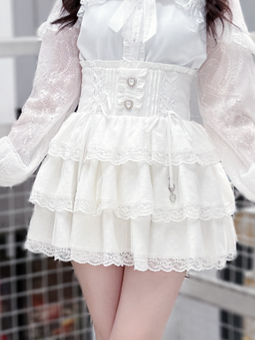 Multi-Layer White Ruffle Landmine Lace High-Waisted Style Skirt
