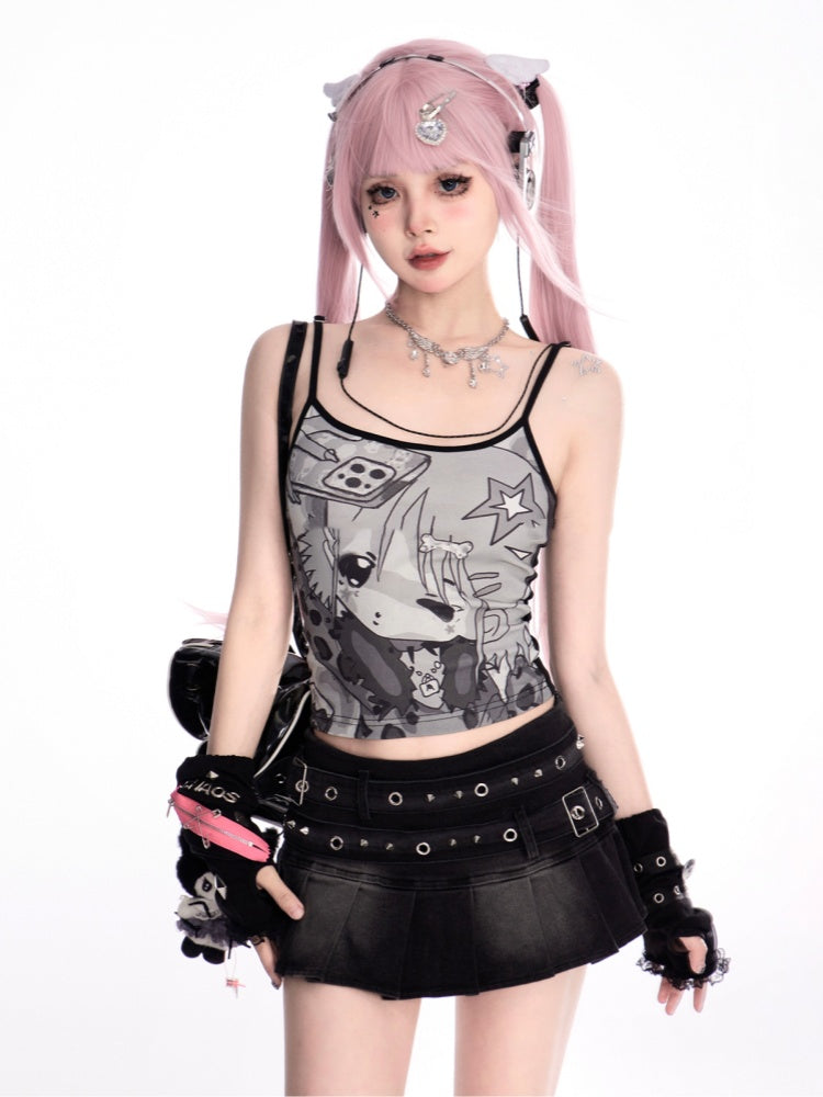 ストラップミニプリーツデニムスカートウエストスタッズバックルブラックロー