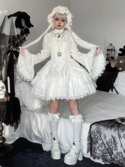 White Bowknots Decorated Double Layered Hemline Shiro Gothic Lolita Jumper Skirt
