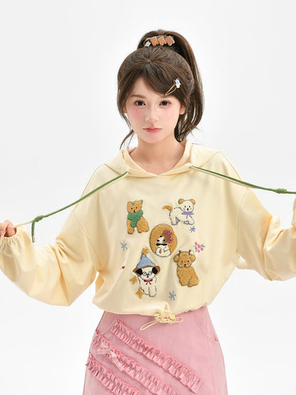 Apricot Plush Puppy Drawstring Waist Hoodie