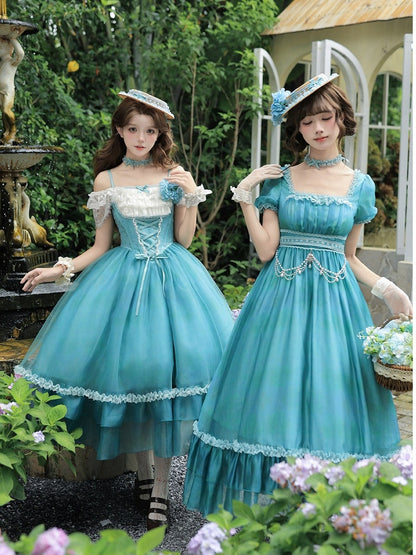 Square Neck Teal Lolita Dress with Belt & Chain Set - Elegant - With PUJI
