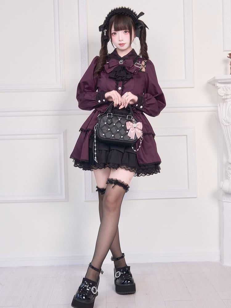Bluse Bowknot Illusion über Jirai Ausschnitt Riemen Schnalle Lila Brosche Kei und mit