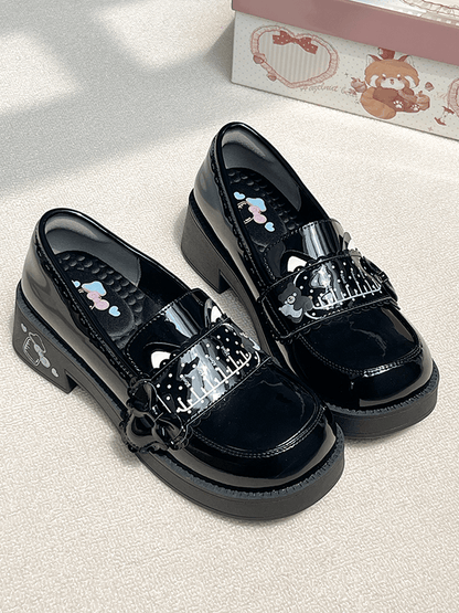 Preppy Kitty Bottle PU Milk Print Ear Black Mid-heel Style Slip-Ons in Decor